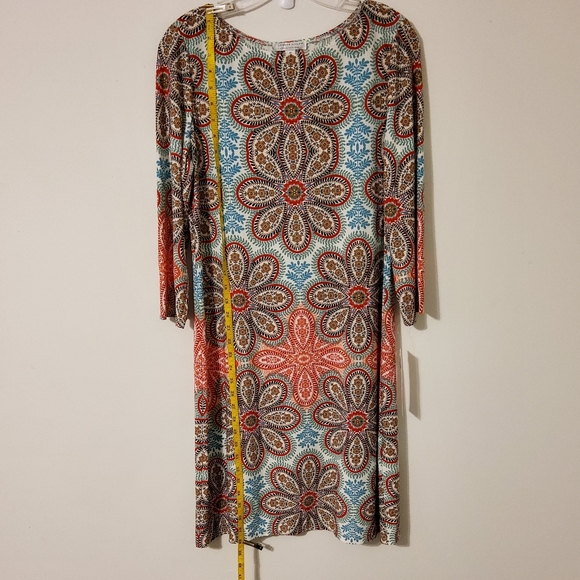 London Style Collection Stretch Aqua Multi 3/4 Sleeve Shift/Tunic Boatneck Sz 12 - Picture 2 of 4